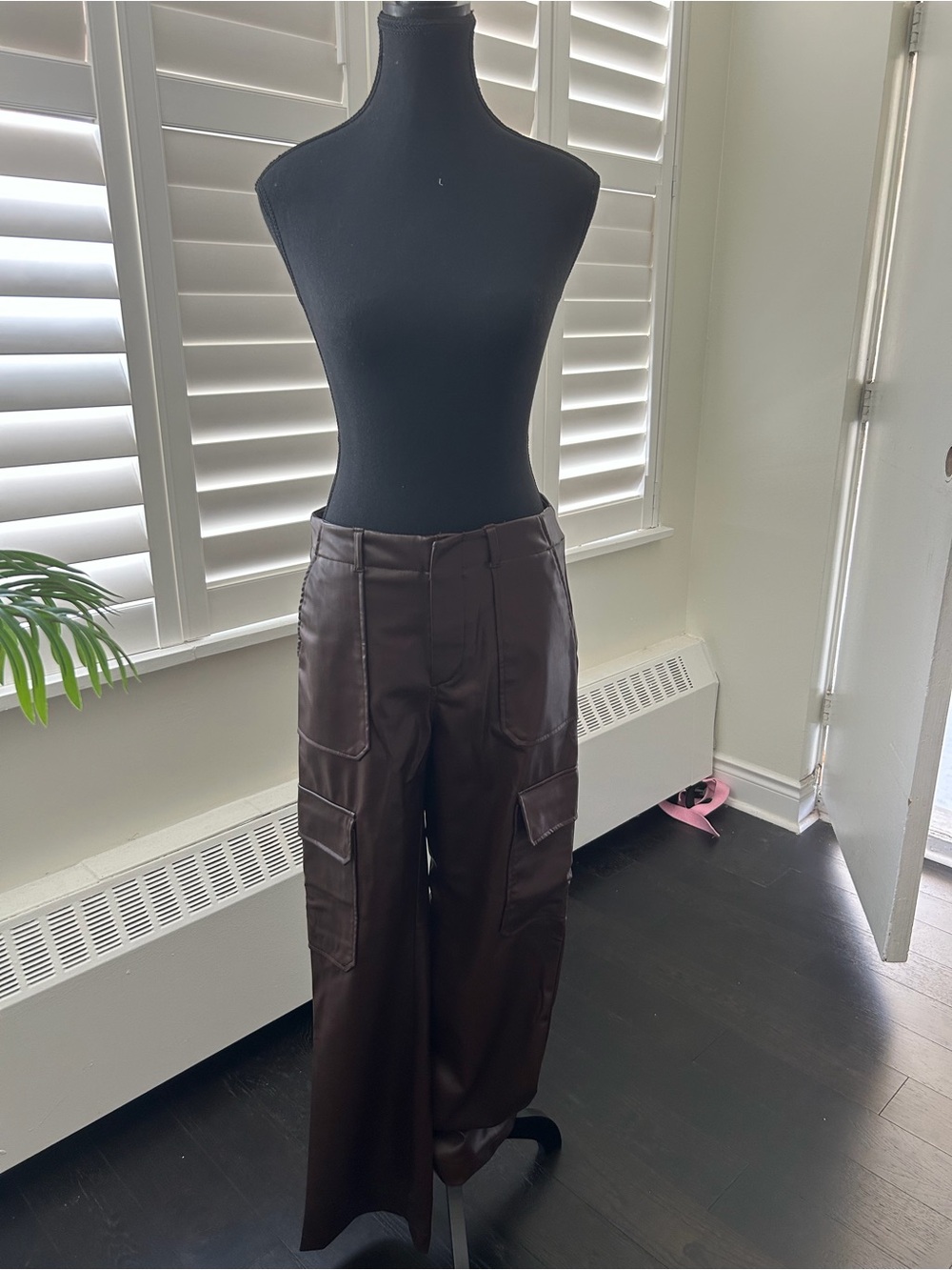 Zara Dark Brown Faux Leather Cargo Wide-Leg Pants